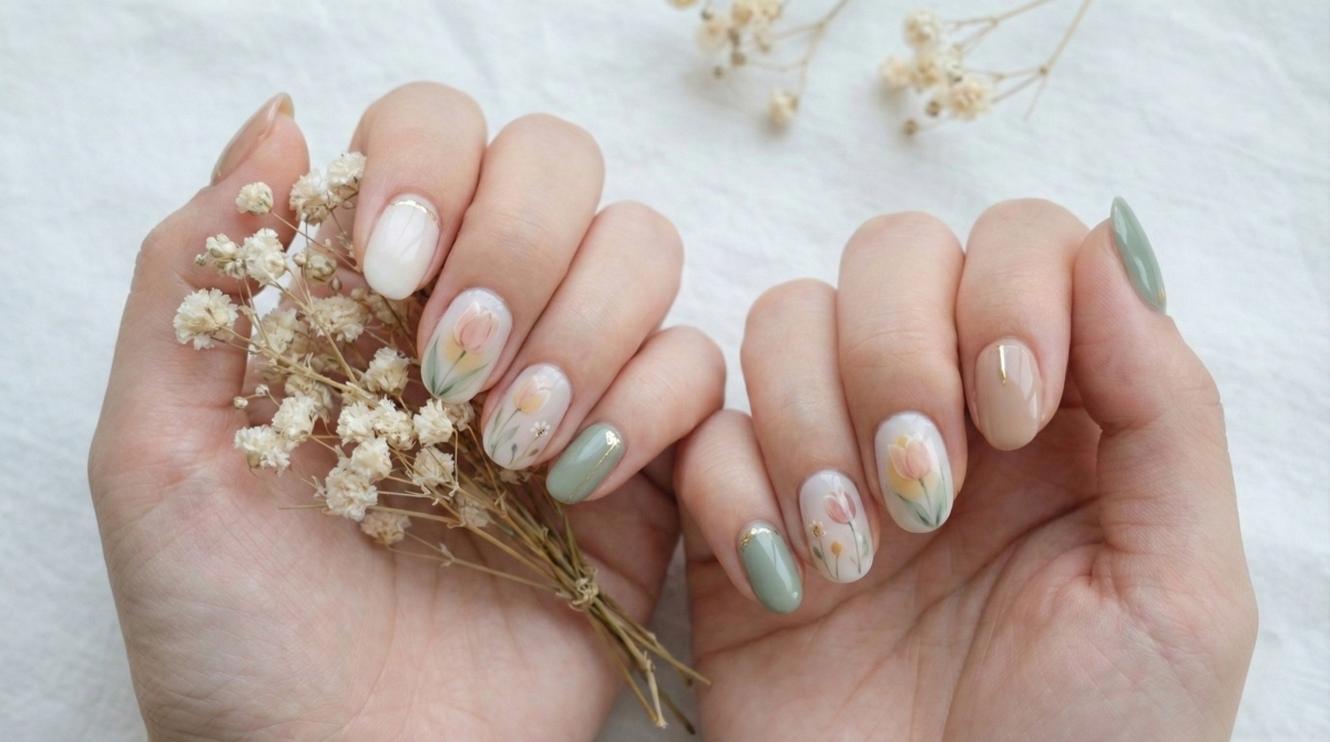 圖中展示的是鬱金香暈染美甲款式,在俐落的淡色美甲中,綻放著一朵手繪的有暈染效果的鬱金香。