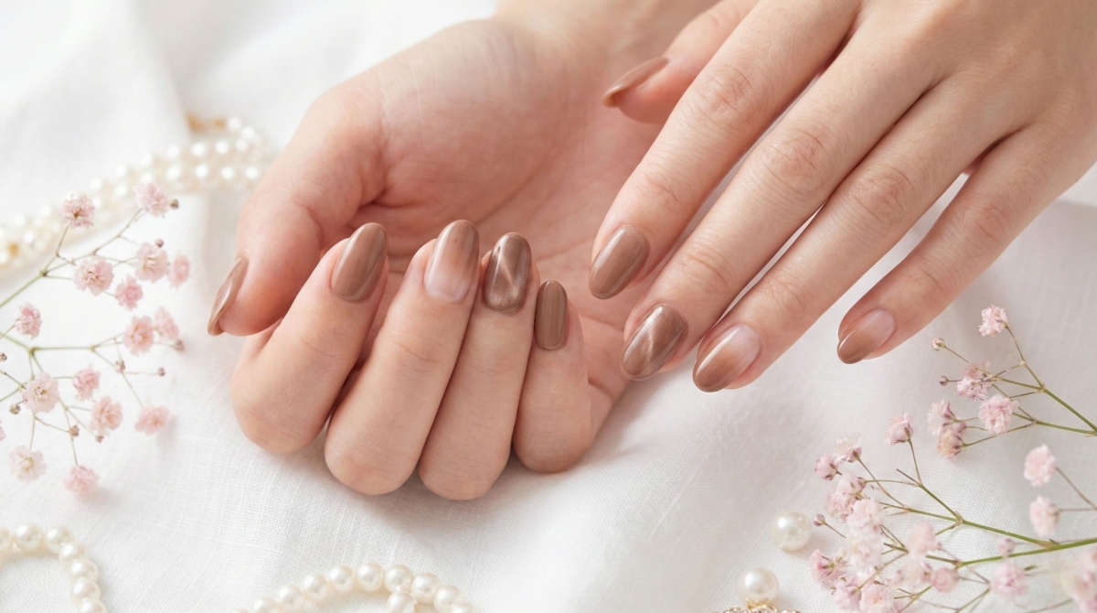 圖中展示的是摩卡色美甲款式,這款色彩融合了咖啡與巧克力的柔和質感。