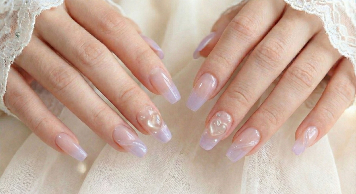 圖中展示的是可愛愛心貓眼美甲款式,在貓眼的光澤基礎上,利用特殊形狀的磁鐵或迴紋針技巧,在甲面吸出隱藏的愛心形狀光圈。