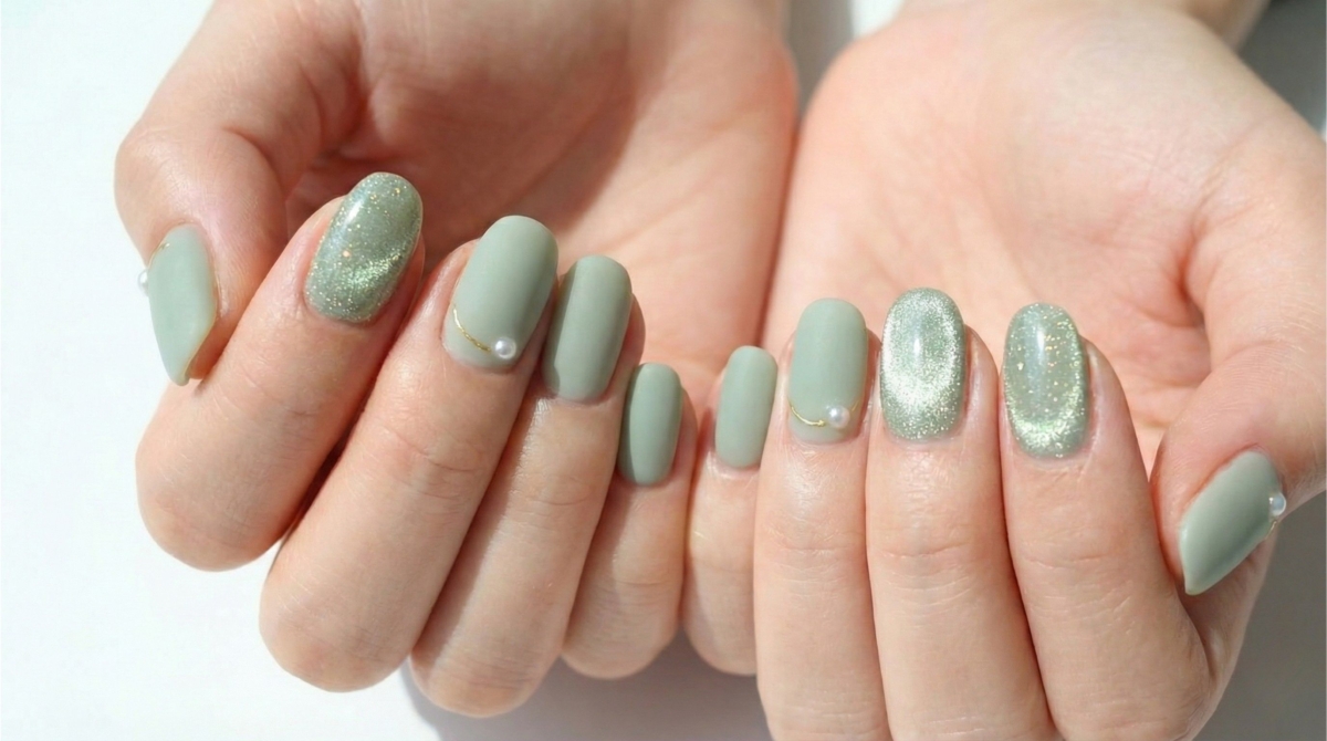 圖中展示的是清新鼠尾草綠美甲款式,鼠尾草綠自帶一種靜謐、大氣且療癒的氛圍,非常優雅耐看。