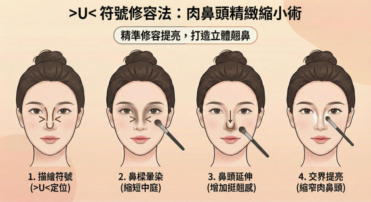 這張名為「>U< 符號修容法」的圖片,教學如何透過「肉鼻頭精緻縮小術」來打造立體翹鼻。步驟從在鼻子上描繪定位符號開始:鼻樑兩側畫上「>」與「<」箭頭,鼻頭則畫上「U」字型;接著暈染鼻樑兩側的符號以視覺縮短中庭長度,並將鼻頭的 U 型陰影向下延伸暈染以增加挺翹感,最後在鼻樑與鼻頭交界處進行精準提亮,達到視覺上縮窄肉鼻頭的效果。