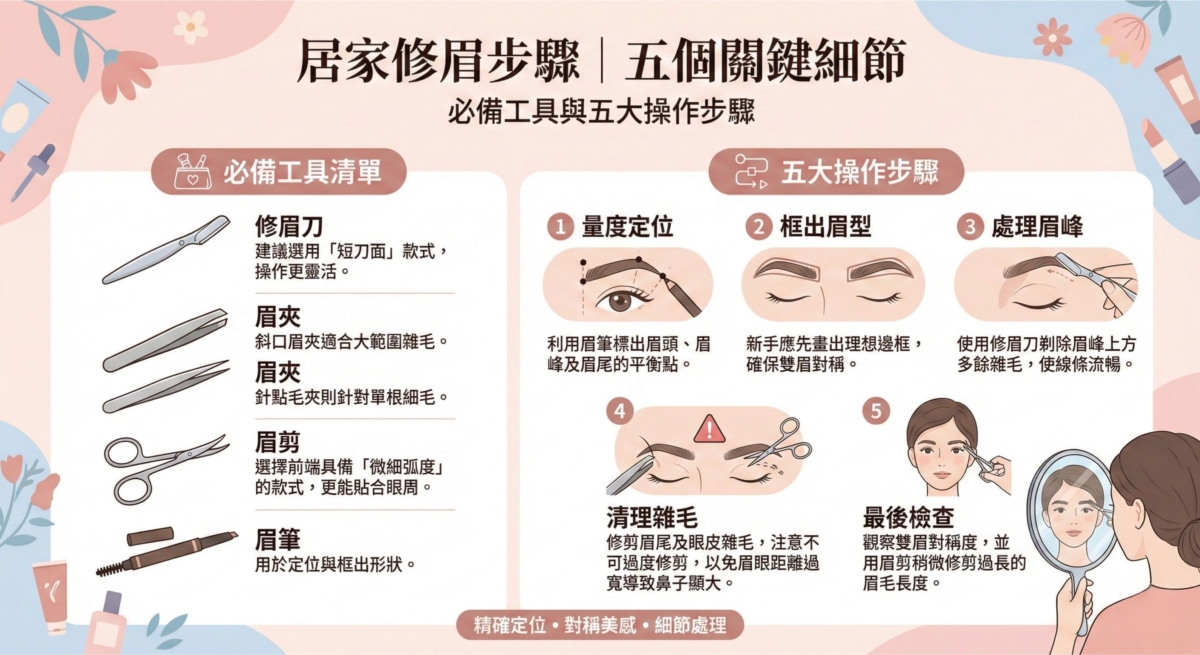 居家修眉教學圖表，涵蓋五種必備修眉工具（修眉刀、眉夾、眉剪、眉筆）及五大操作步驟說明。