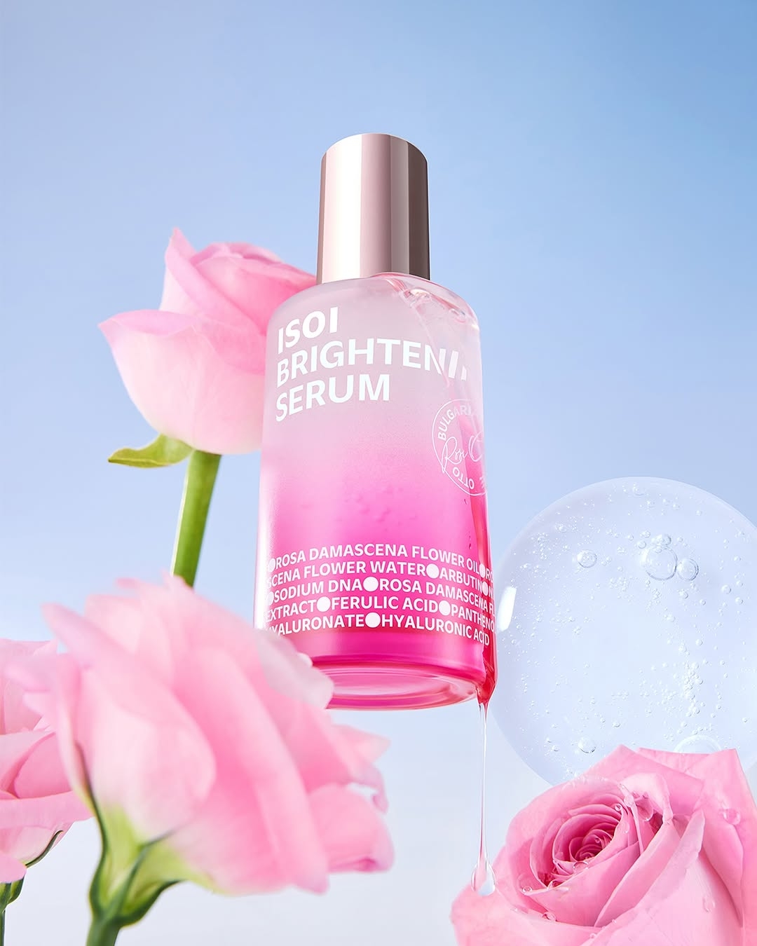 ISOI 保加利亞玫瑰淡斑精華以天然玫瑰精油與植物萃取溫和淡斑淡印，同時補水抗氧化、敏感肌也能安心使用。