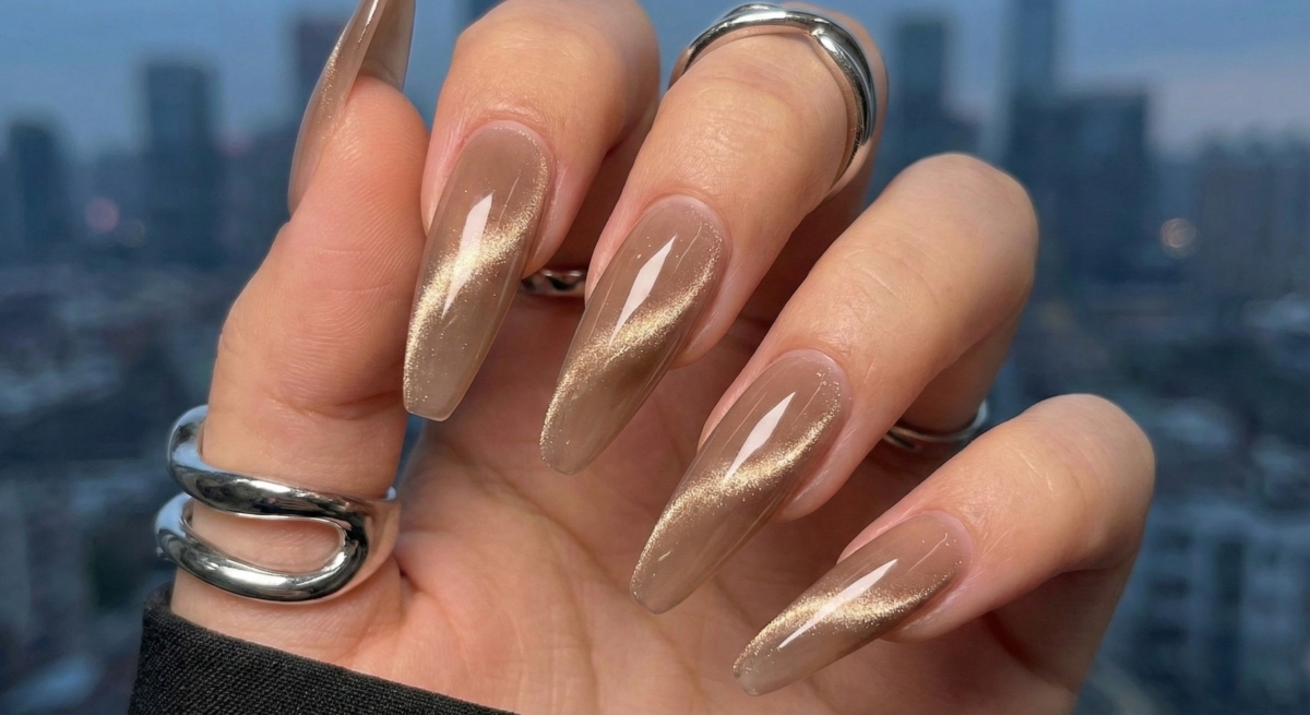 透過延長甲片配合透色貓眼膠，打造出晶瑩剔透的「水晶體」效果。