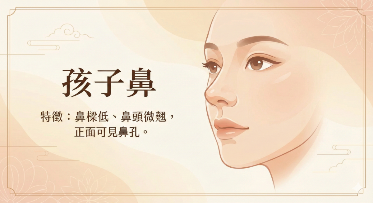 孩子鼻的女人稚氣、自信不足、偏好成熟男性，財運穩定但保守，需增強自信與獨立改善感情與人際。