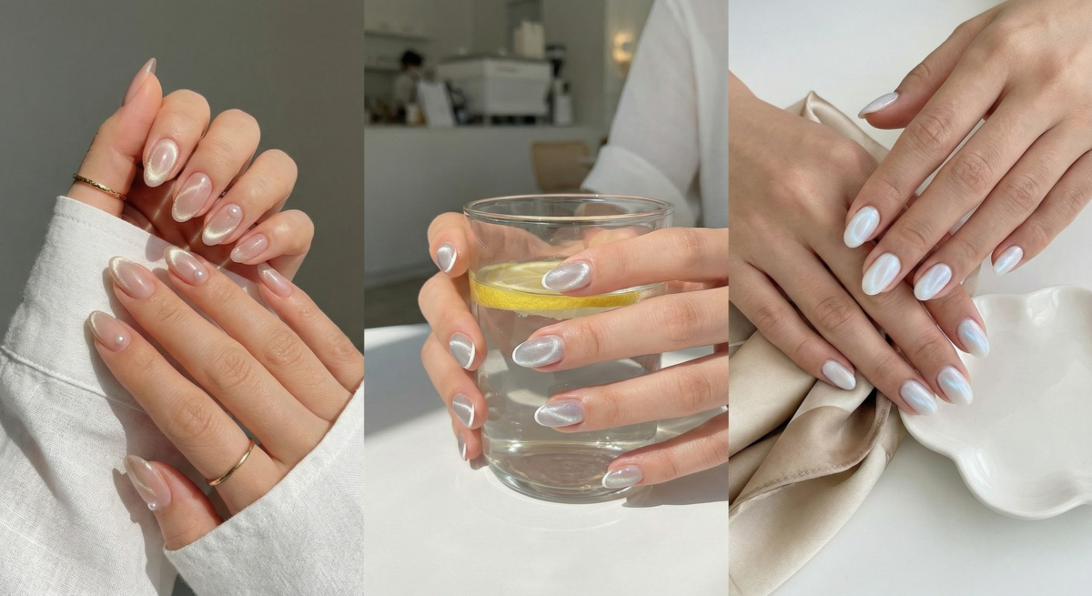 貓眼光療指甲以磁粉光澤呈寶石般透亮,2026 年流行低調優雅百搭款。