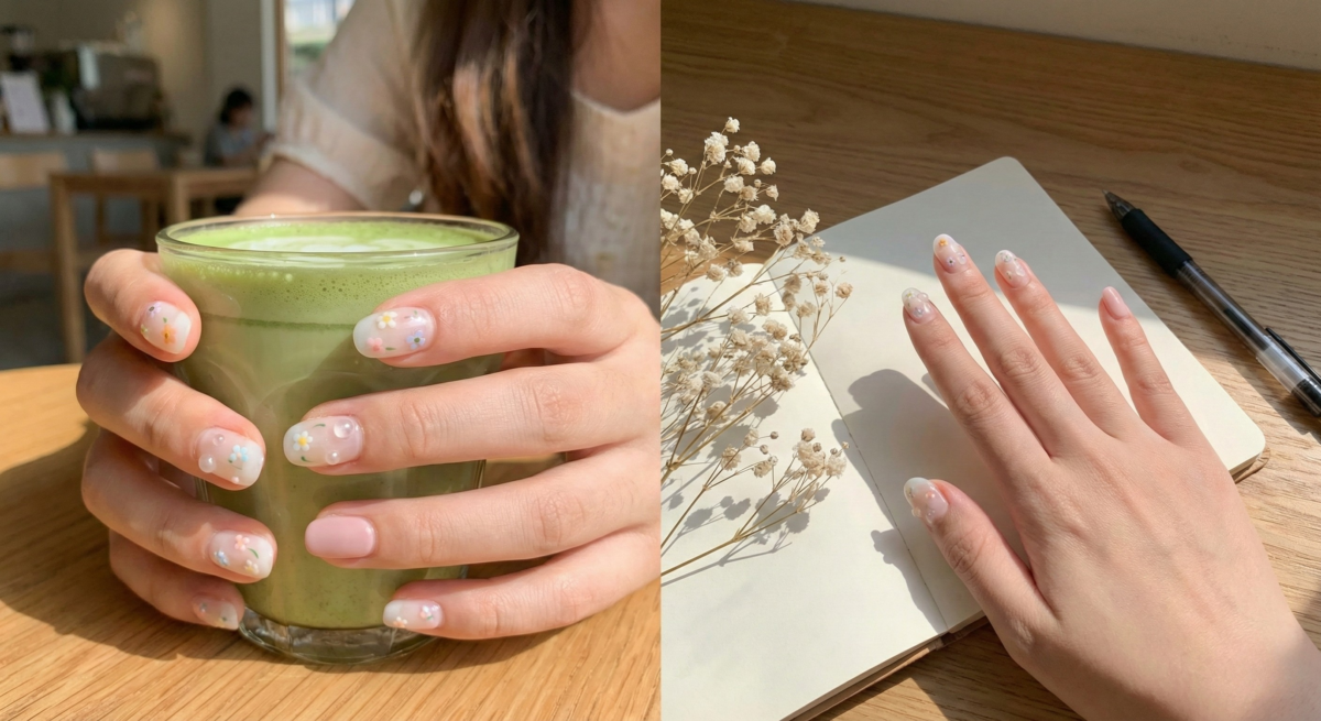 透白底色搭配小花與立體配飾的透明感美甲，清新減齡且自帶仙氣，跳指淡粉色更能顯白提氣色。