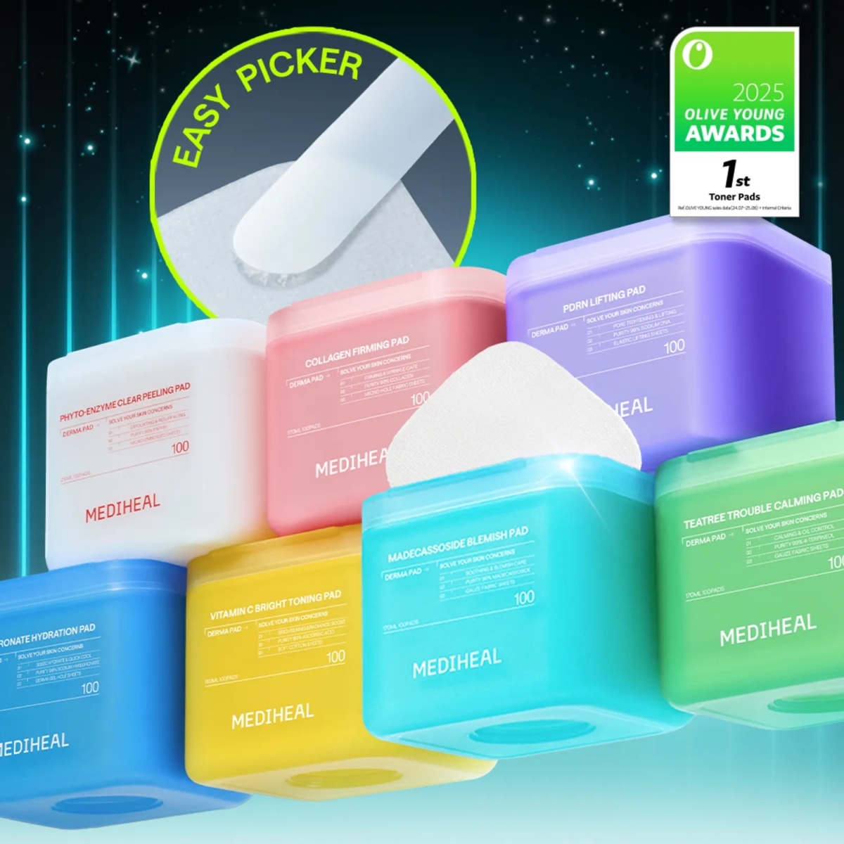 圖中展示的是MEDIHEAL 調理化妝棉片，它能針對不同膚況設計的方形棉片，一張就能覆蓋臉頰，是局部濕敷的最佳選擇。