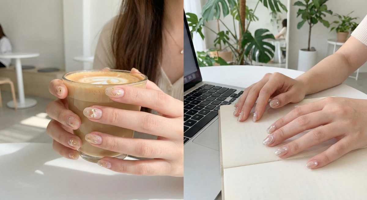 「瀅透金屬」透明感美甲結合透色底色與金屬鑽飾、蝴蝶結，展現前衛時尚感，同時保有低調優雅。