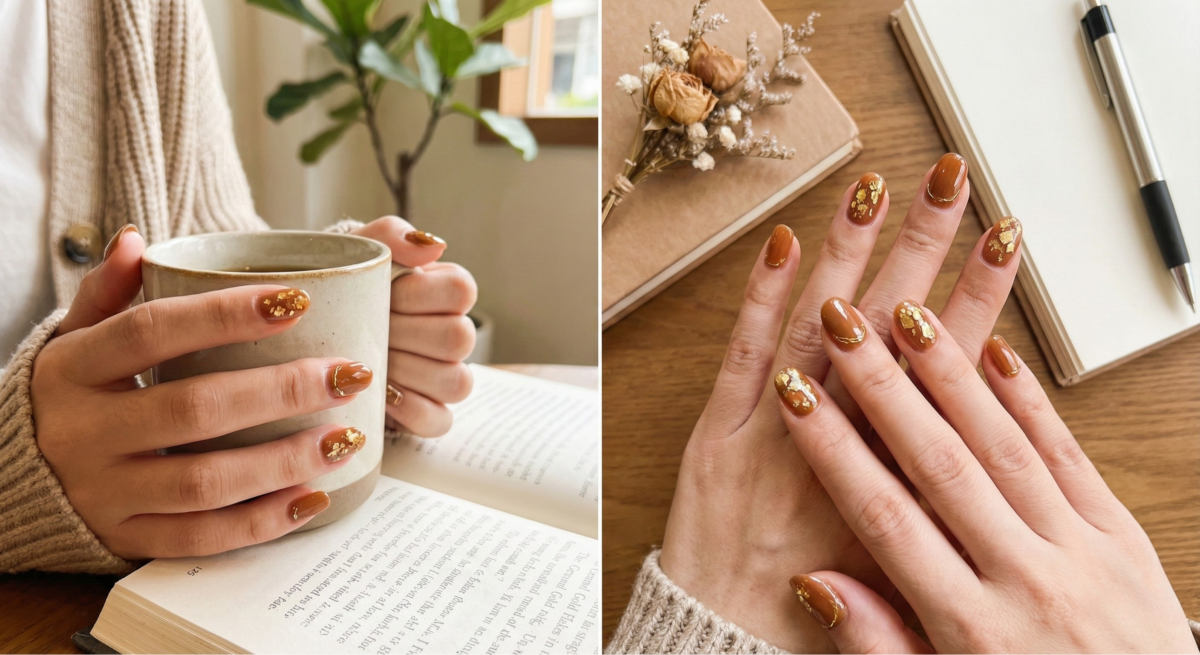 焦糖棕揉合細緻金箔，以微奢金光提亮指尖，展現適合年末聚會的低調貴氣。