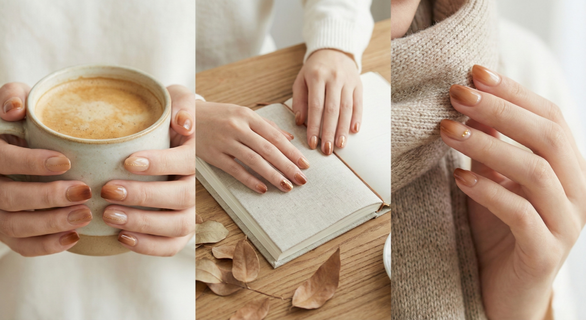 美拉德漸層美甲以咖啡、焦糖等大地色系打造溫暖沈穩氛圍,點綴金色細線更添奢華高級感,是營造秋冬知性風格的首選。