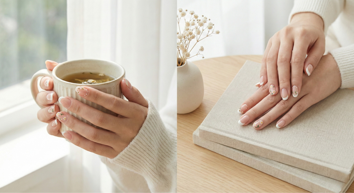 氣質小花朵法式指甲以透白底色點綴小巧花朵,清新甜美且不挑膚色,兼具溫柔知性與夏日少女感。