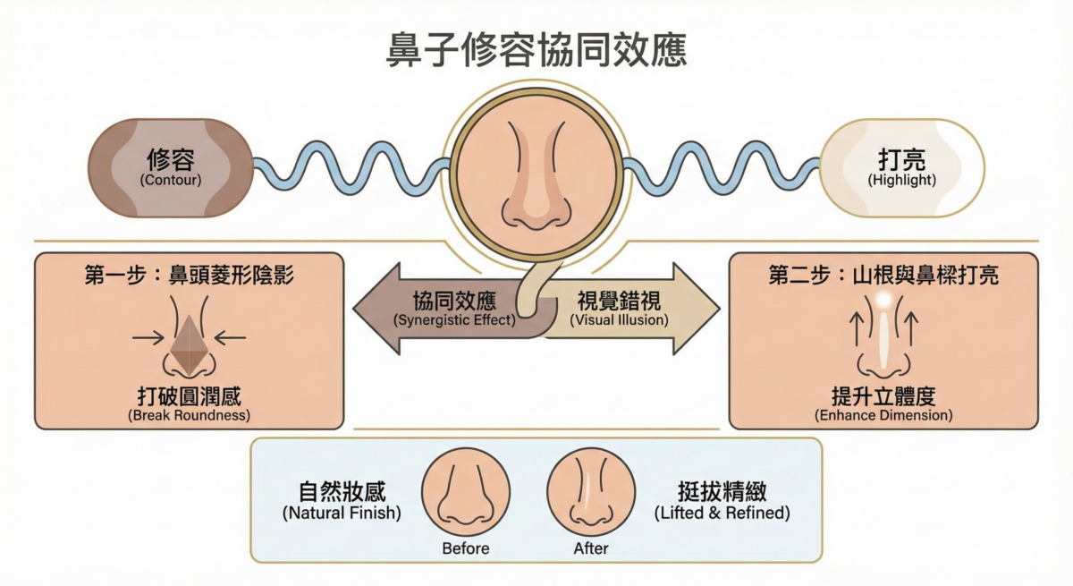 鼻子修容教學圖解,說明修容與打亮的協同效應。內容包含「鼻頭菱形陰影」與「山根鼻樑打亮」兩個步驟,以及修容前後的對比圖,呈現出挺拔精緻的妝效。