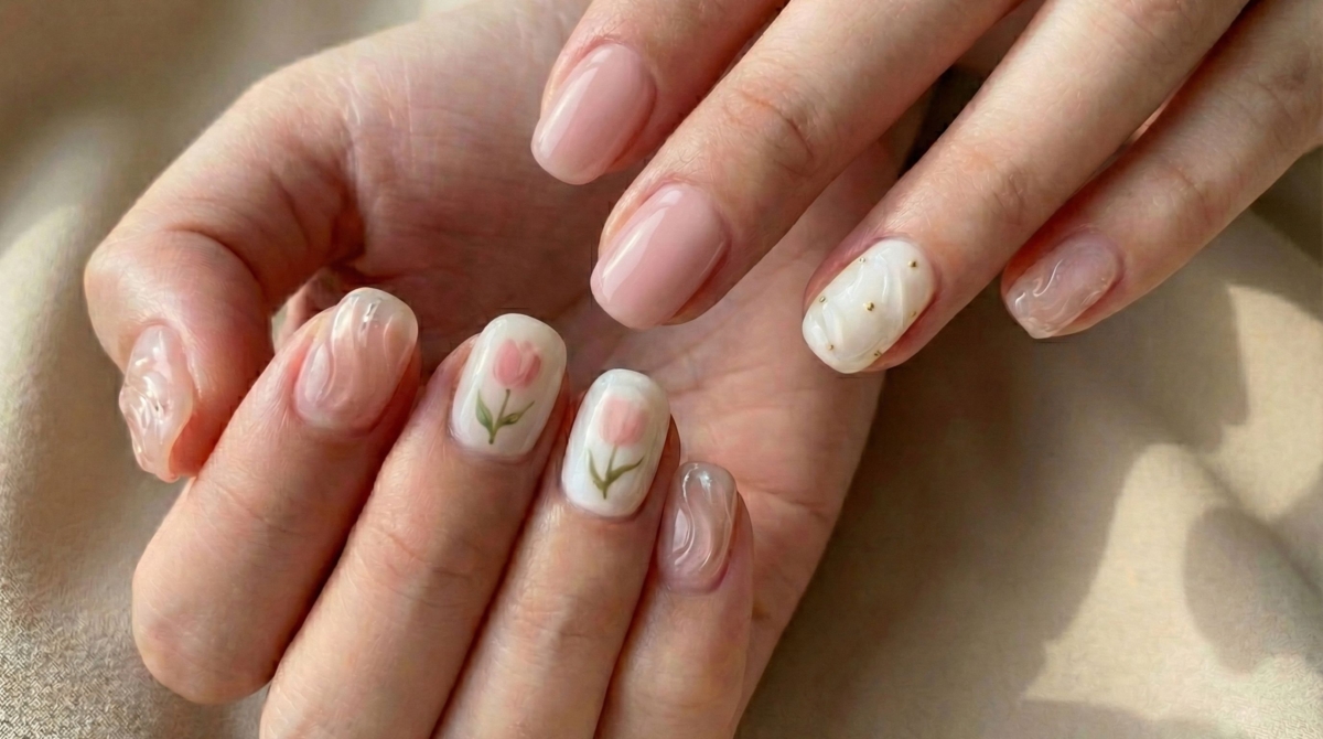 圖中展示的是清鬱金香粉嫩色美甲款式,這款美甲靈感來自初春盛開的鬱金香,涵蓋了淡粉、裸粉、霧感粉等一系列粉嫩色調。