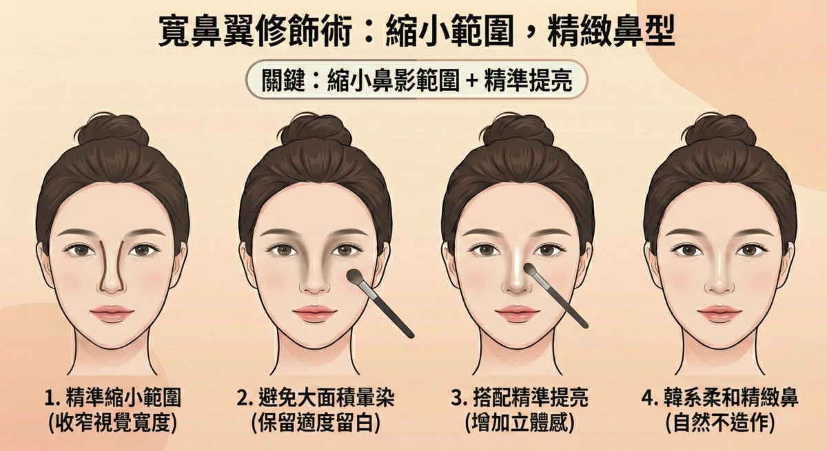 這是一張關於「寬鼻翼修飾術」的化妝指南,強調透過「縮小修容範圍」與「精準提亮」來精緻鼻型。教學步驟指出,應先在鼻樑兩側畫出較窄的修容線條以收窄視覺寬度,過程中需特別注意避免大面積暈染、保留鼻樑中間的適度留白,接著搭配中央細緻的高光提亮來增加立體感,最終呈現出自然不造作、乾淨柔和的韓系精緻鼻。