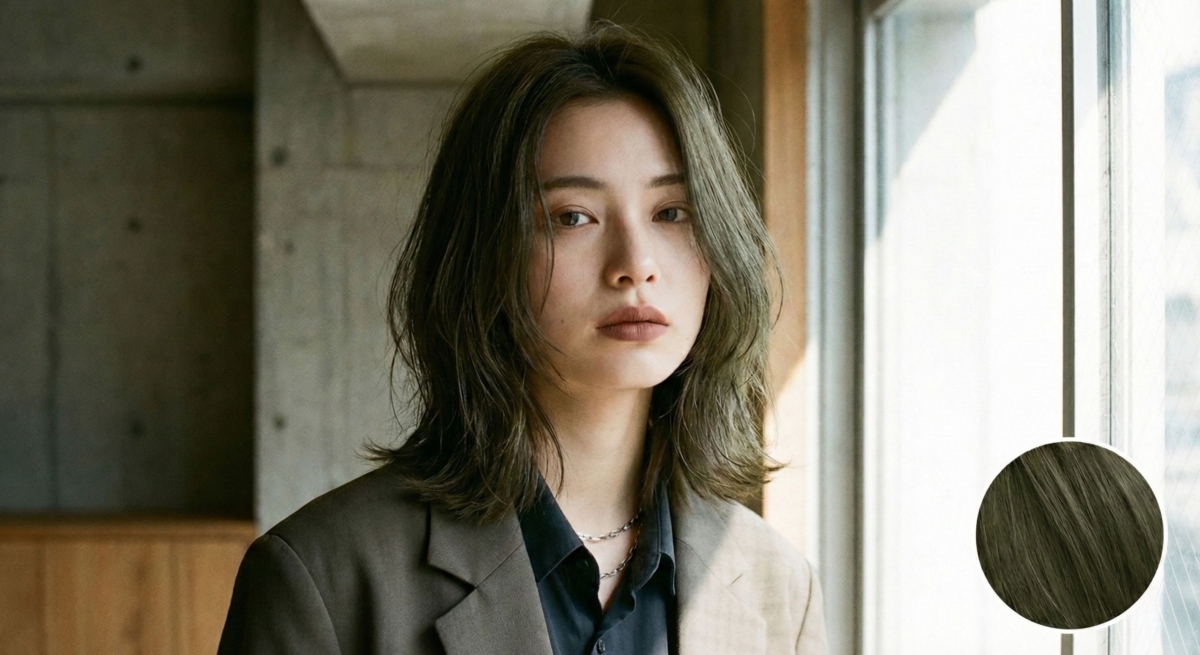 這款髮色近年在日韓爆紅，它在深棕色基底中加入了一點「冷綠調」。