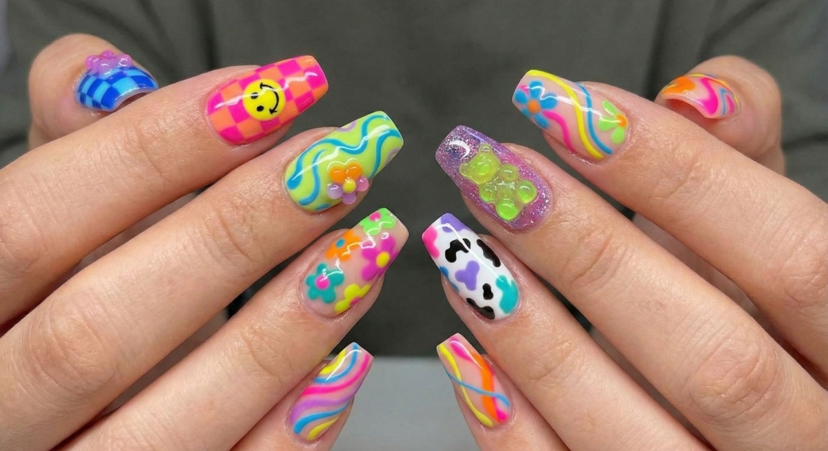 指尖上充滿了像是玩具般的元素,每一指都是驚喜,就像打翻了小時候的玩具箱,呈現出一種像塑膠玩具般、帶點人工感的可愛與時髦。