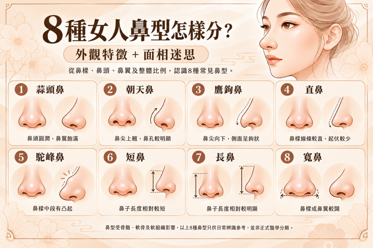8種常見女人鼻型外觀特徵對照圖,包含蒜頭鼻、朝天鼻、鷹鉤鼻、駝峰鼻與直鼻等鼻型輪廓與特徵。