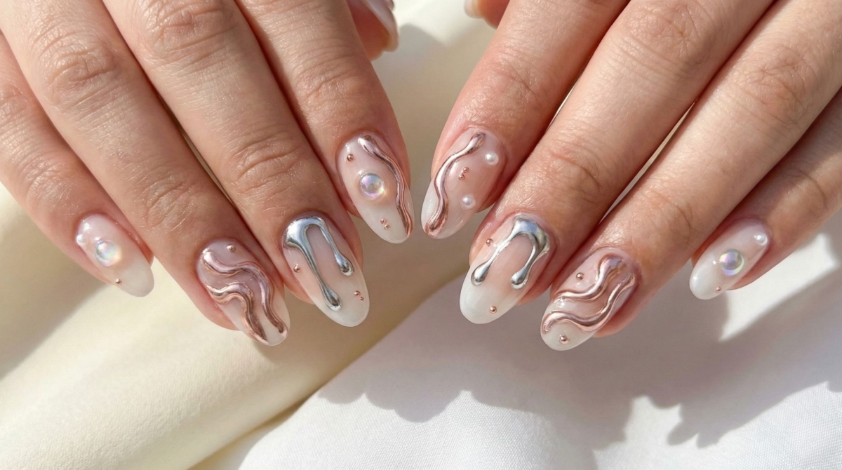 圖中展示的是y3k美甲款式,無論是高光鏡面感、液態金屬色澤還是電鍍質感,這種美甲都能打造出強烈的個性氛圍