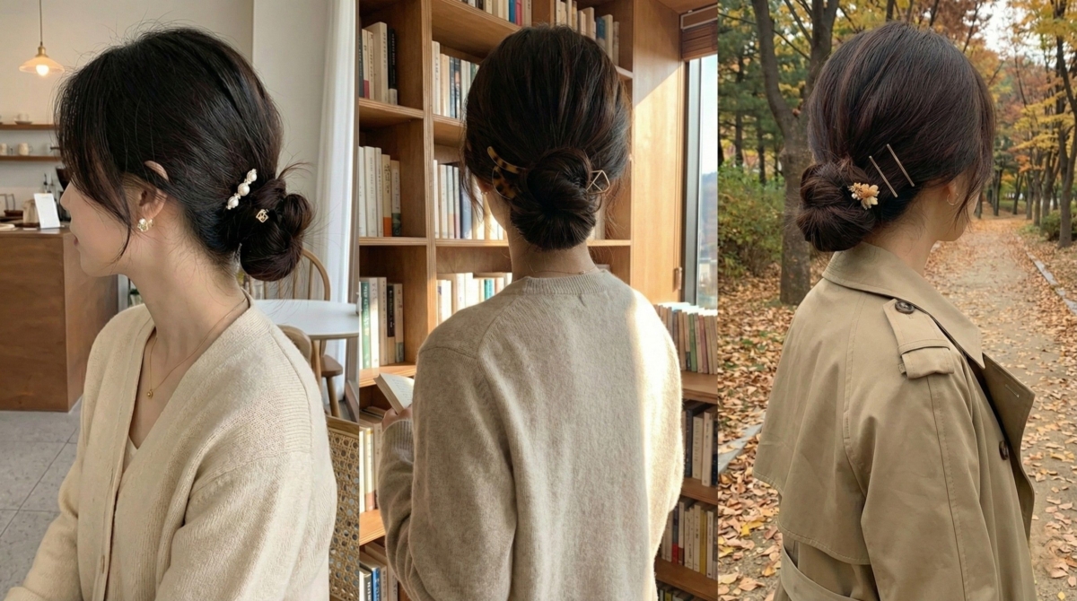 綁好低包頭後,在兩側隨意夾上細長型的髮夾,能增添亮點,讓整體造型更精緻。