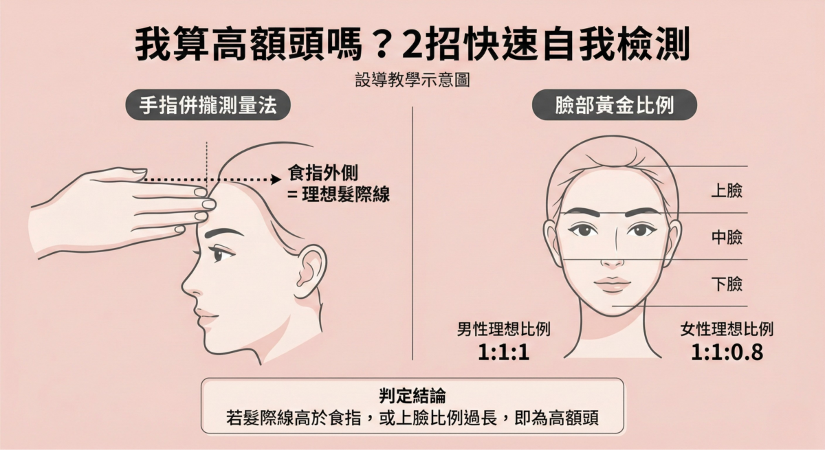 高額頭自我檢測圖解，包含手指測量法與臉部黃金比例示意圖，幫助判斷髮際線高度是否標準。