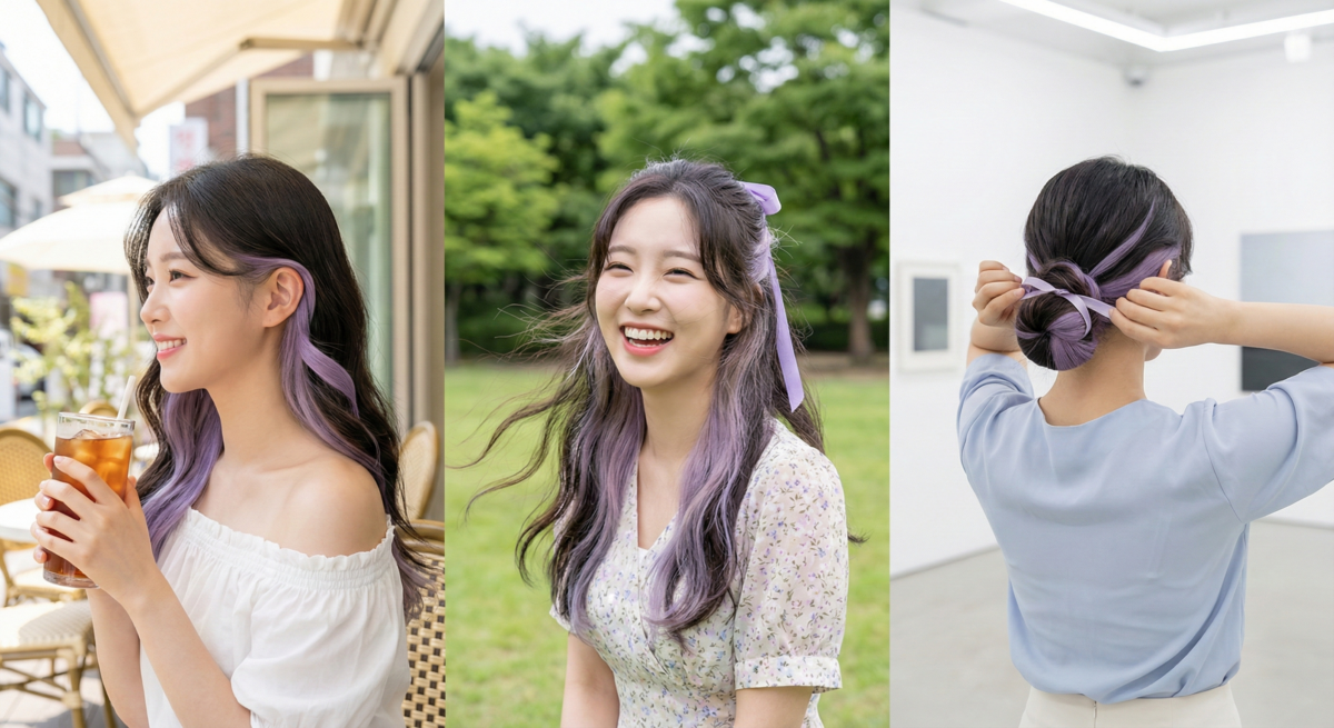 浪漫紫藤髮帶染沿耳側環繞，低飽和灰霧紫藤色顯白又夢幻，退色自然不尷尬，打造個性又仙氣的特殊造型。