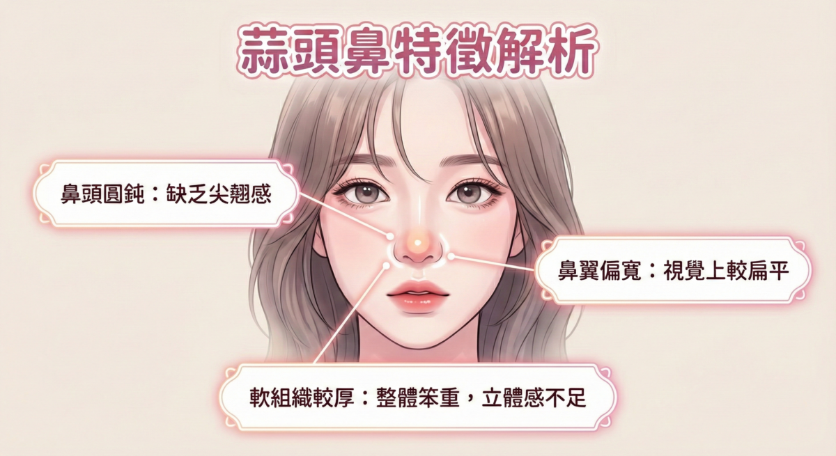 蒜頭鼻特徵示意圖，解析蒜頭鼻三大特徵：鼻頭圓鈍、鼻翼偏寬、鼻部軟組織較厚，並說明其導致臉部缺乏立體感與精緻感。
