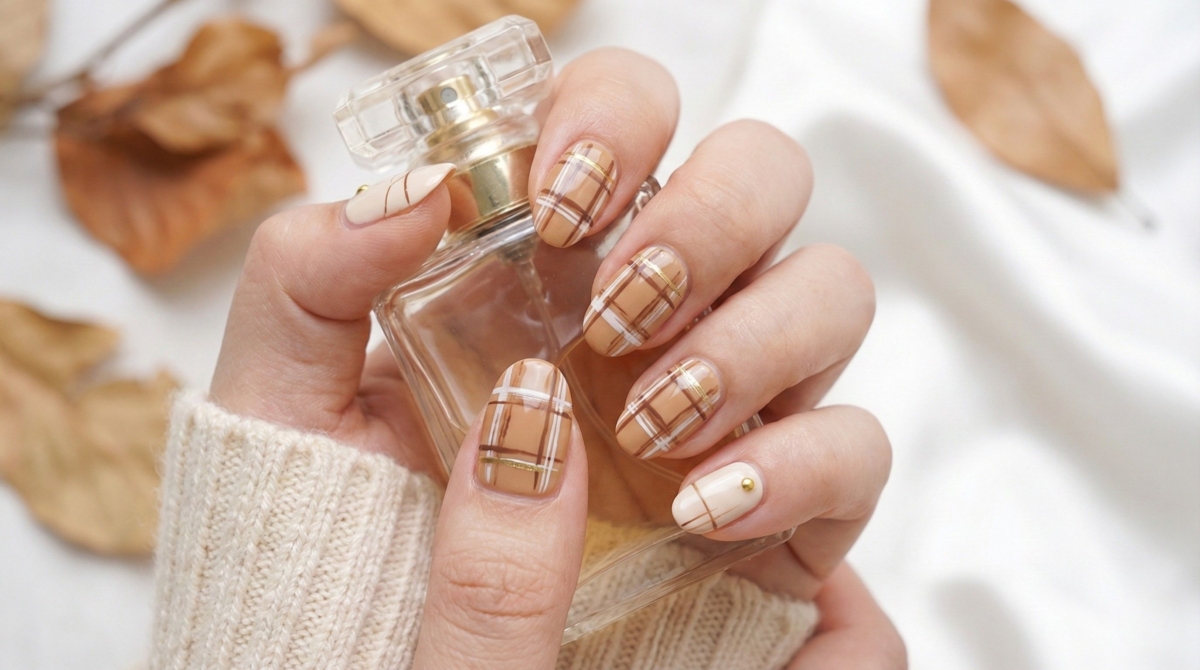 圖中展示格紋線條的美甲效果,不同於純色的簡約,格紋利用線條的交錯創造出幾何美感。