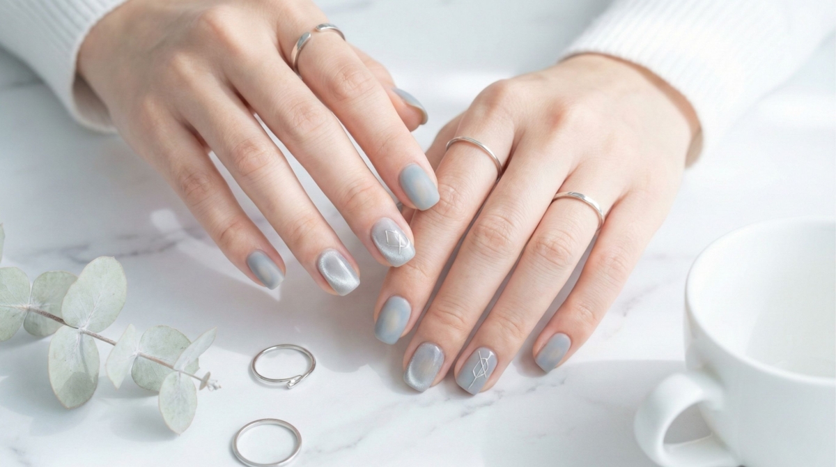 圖中展示的是格雷灰美甲款式,這種色彩比純灰色更柔和,比藍色更內斂,恰到好處地展現出職場女性的專業與優雅,一年四季都百搭。