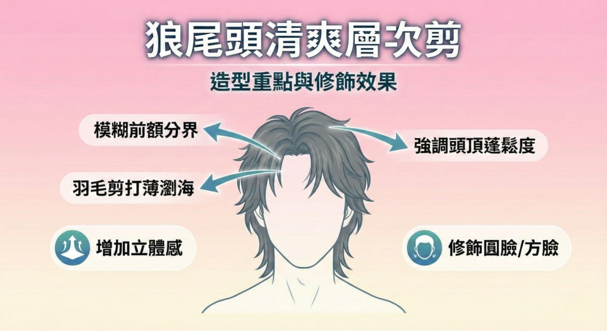 一張解析「狼尾頭清爽層次剪」的髮型圖表,強調透過頭頂蓬鬆、模糊分界與羽毛剪瀏海等技巧,來增加髮型立體感,並有效修飾圓臉與方臉。