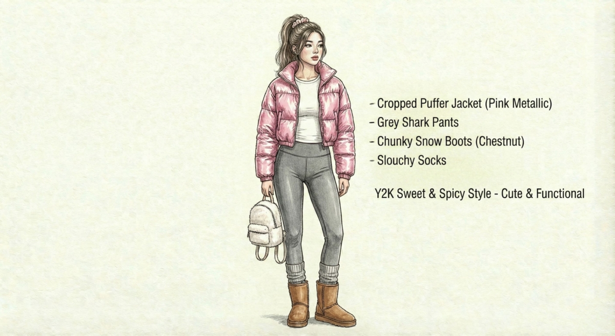 一張時尚插畫,展示了一位女性身穿「Y2K 甜酷風格」的穿搭。她穿著粉紅色金屬光澤的短版羽絨外套,搭配灰色鯊魚褲、堆堆襪(Slouchy Socks)和栗色厚底雪地靴,背著一個白色迷你後背包。圖片文字描述此風格為「可愛且實用」(Cute & Functional)。
