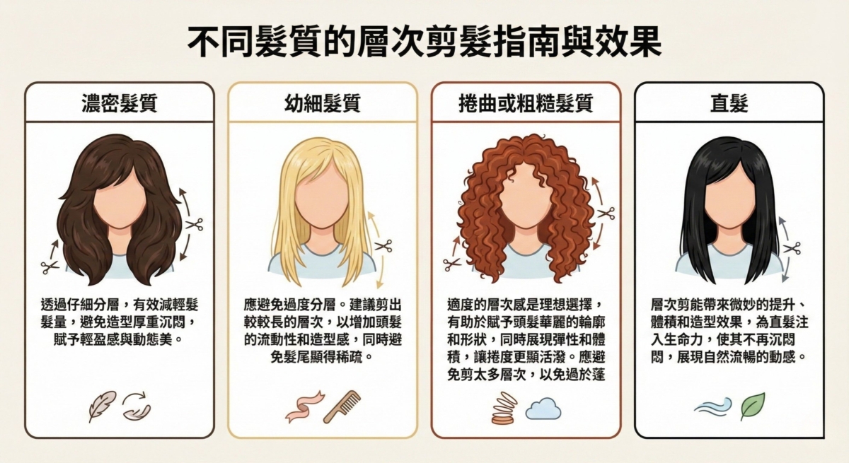 不同髮質的層次剪髮指南資訊圖。內容涵蓋濃密髮質、幼細髮質、捲曲或粗糙髮質、以及直髮的剪髮建議，說明如何透過層次調整來優化髮量、流動感與體積。