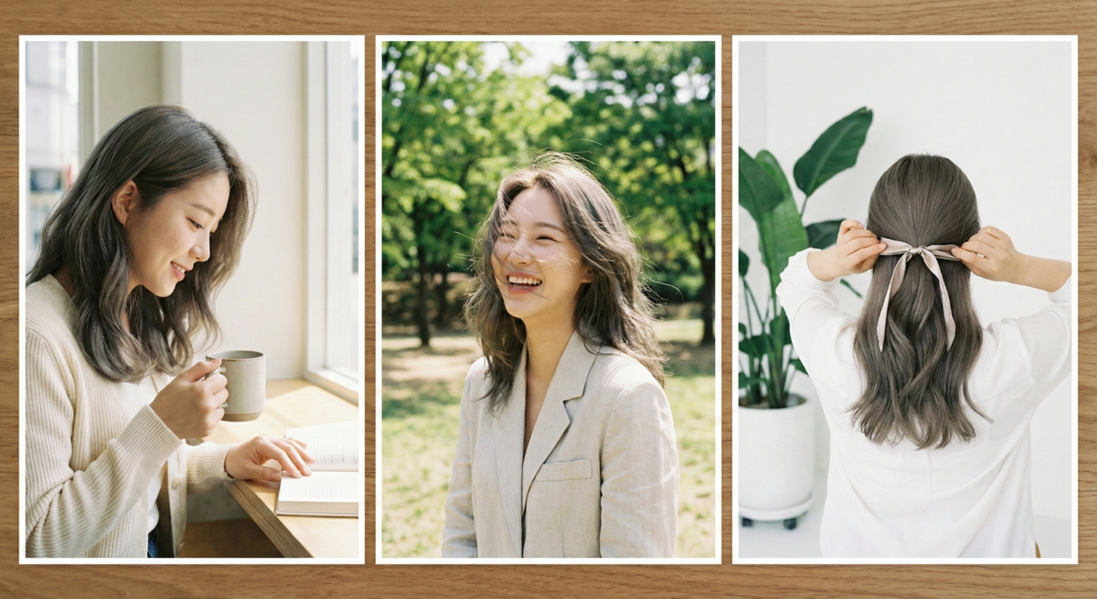 灰棕色髮色帶冷灰調，中和黃氣、提亮膚色，營造混血感與精緻小臉效果，低調又百搭。