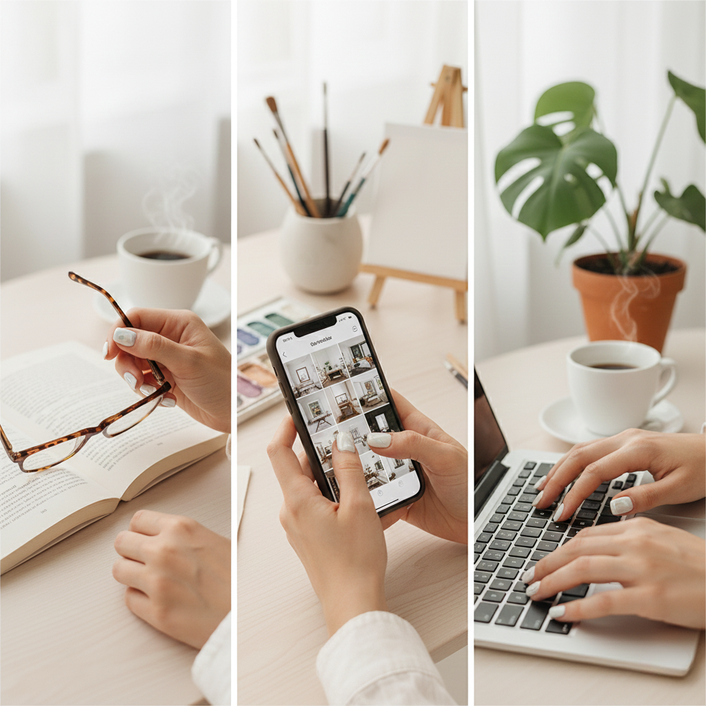 白色或米色底搭配留白線條或柔和暈染，簡約高級又顯白。