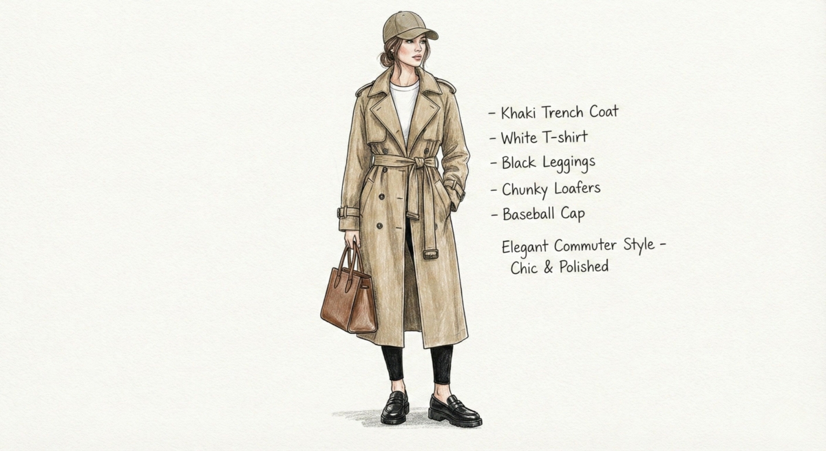 一張時尚插畫,展示了一位女性身穿「優雅通勤風格」的穿搭。她身穿一件經典的卡其色風衣,內搭白色 T 恤,下身穿著黑色緊身褲與厚底樂福鞋,頭戴棒球帽,手提棕色公事包。圖片文字描述此風格為「時尚且精緻」(Chic & Polished)。