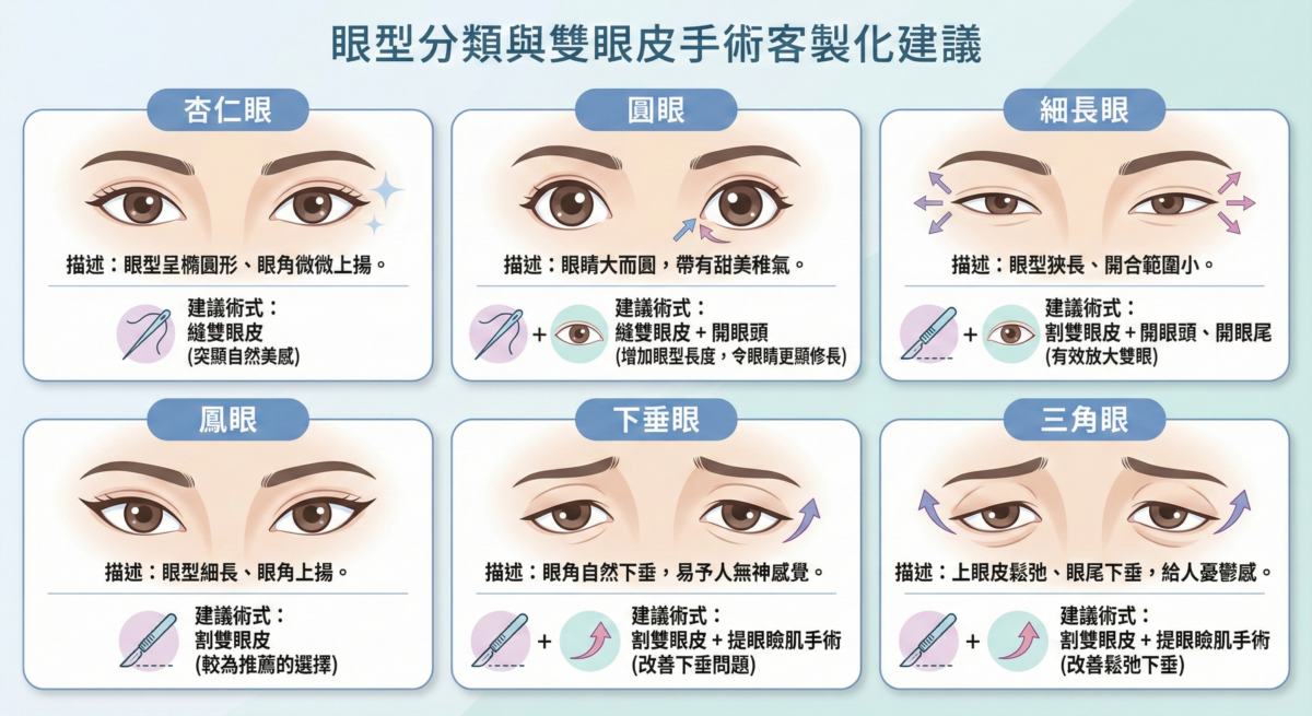 一張關於眼型分類與雙眼皮手術建議的圖表，列出了杏仁眼、圓眼、細長眼、鳳眼、下垂眼及三角眼等六種眼型的特徵描述，並針對每種眼型推薦適合的醫美手術方式（如縫雙眼皮、割雙眼皮、開眼頭或提眼瞼肌手術）。