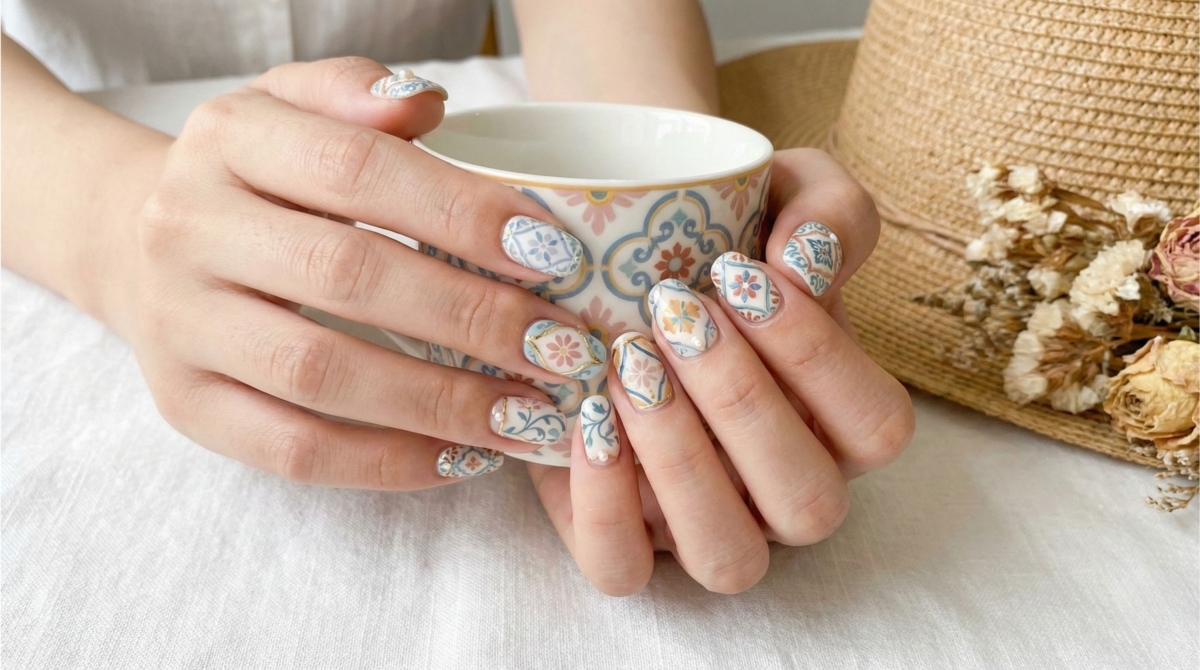 圖中展示的是異國花磚美甲款式,這是一種充滿異國風情的款式,圖案設計極其精巧細膩,常常結合繁複的幾何圖形與花卉藤蔓,呈現出鮮明的色彩對比。