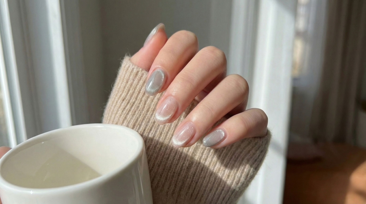 圖中展示的是貓眼玻璃珠美甲款式,它將貓眼磁粉處理成圓潤的弧形光圈,結合透透的底色,打造出如玻璃珠般立體通透的效果。