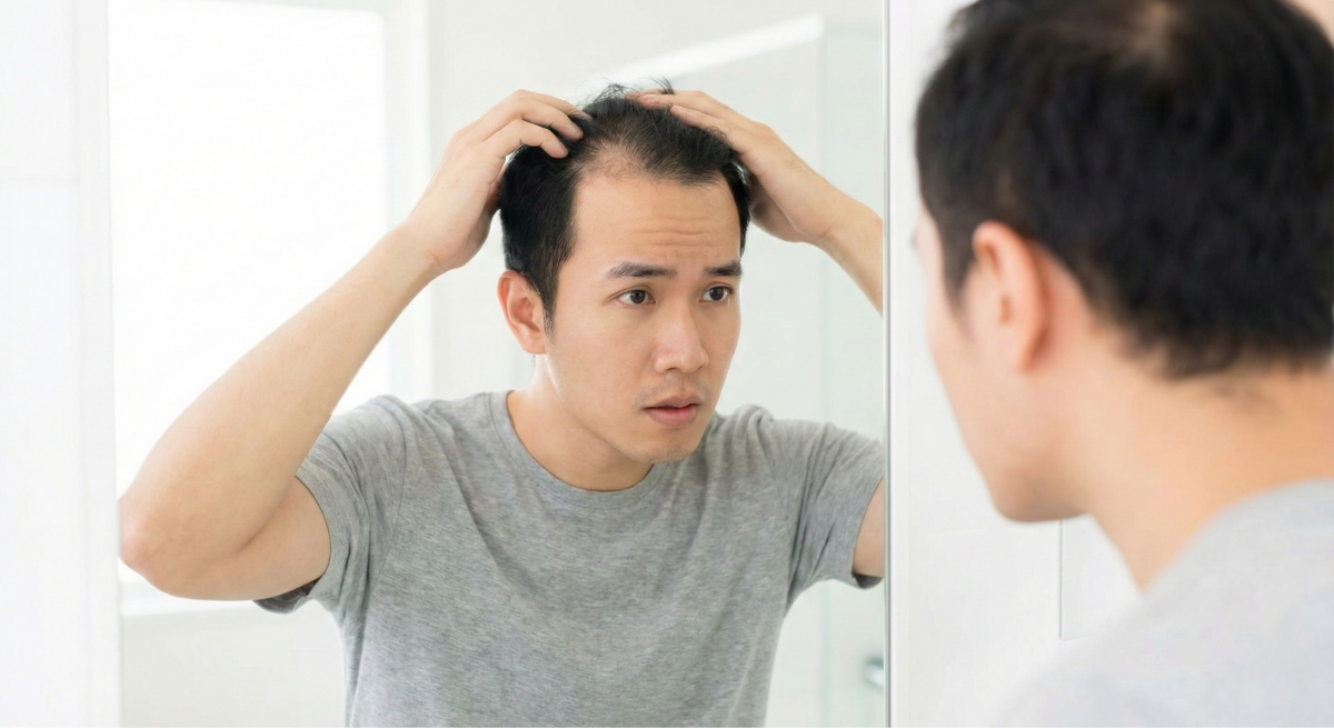 男性頭髮稀疏主因為與遺傳及荷爾蒙有關的「雄性禿」,受DHT影響導致毛囊萎縮、髮線後移及地中海禿,且最早可能於青春期發作。