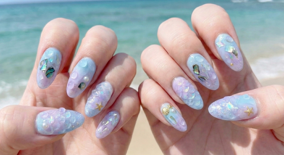 這些立體水珠在光線下會產生透鏡效果，折射底層的貝殼光澤，營造出「人魚眼淚」般的夢幻敘事感。