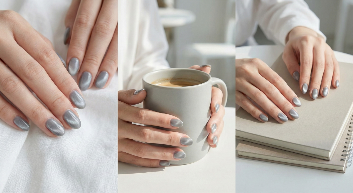 低調灰貓眼指甲以漸變霧面光感呈現極簡內斂,高冷質感百搭指型。