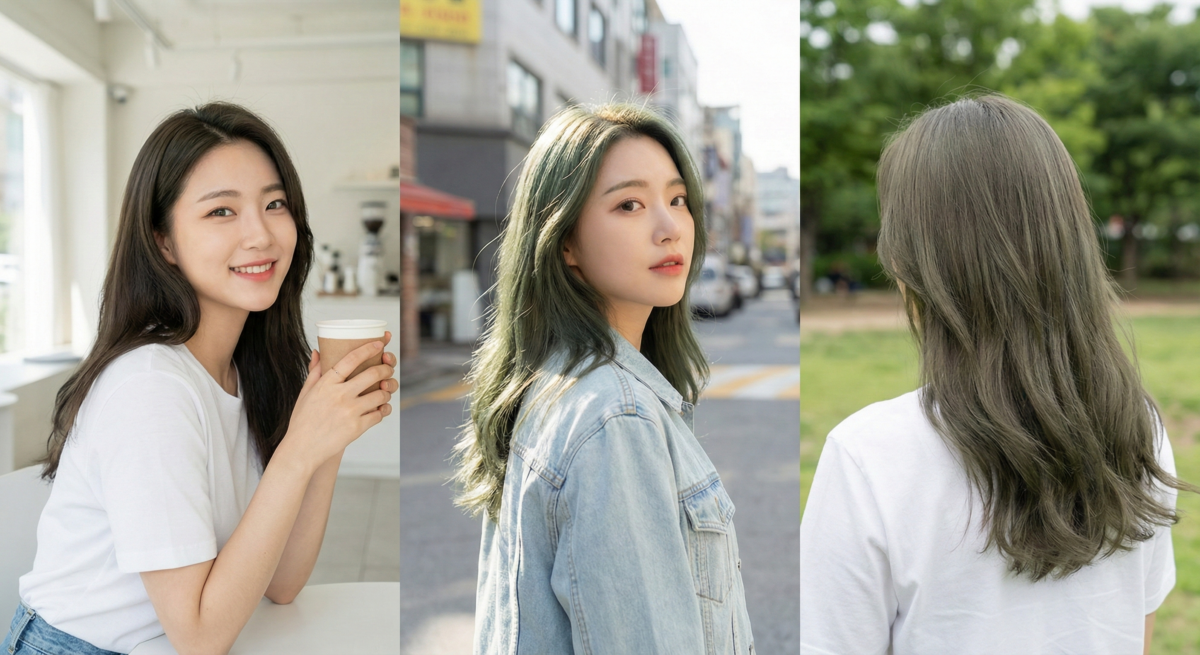 冷棕青色是一款低調又時尚的棕色系染髮選擇，室內自然棕色、戶外帶神秘綠調，偏冷色調顯白去黃，染後髮質光澤柔霧，適合不漂髮的高冷風女生。