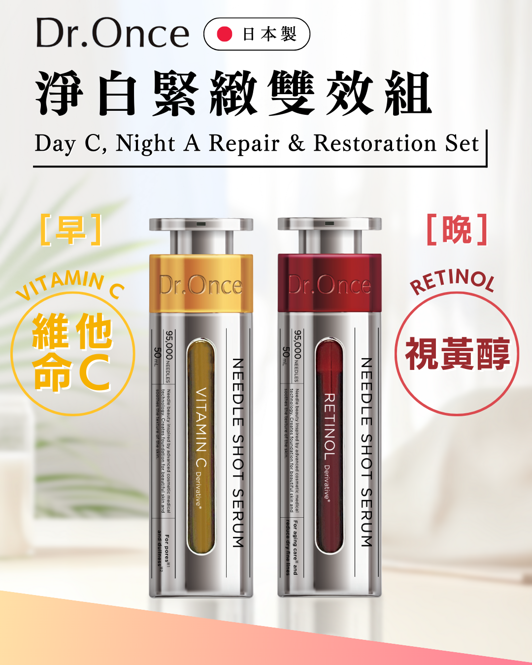 Dr.Once 淨白緊緻雙效組,標示日本製。主打早C晚A保養,左側黃色早用維他命C與右側紅色晚用視黃醇微針精華,強調日間淨白與夜間緊緻修護。