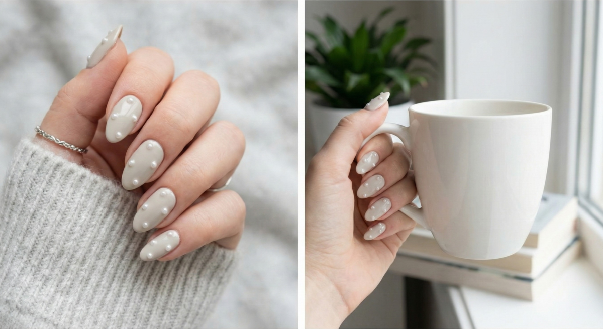 「灰白珍珠」以沉穩灰調米白點綴細緻珍珠，展現知性優雅與內斂質感，是職場女性搭配正裝的高級首選。