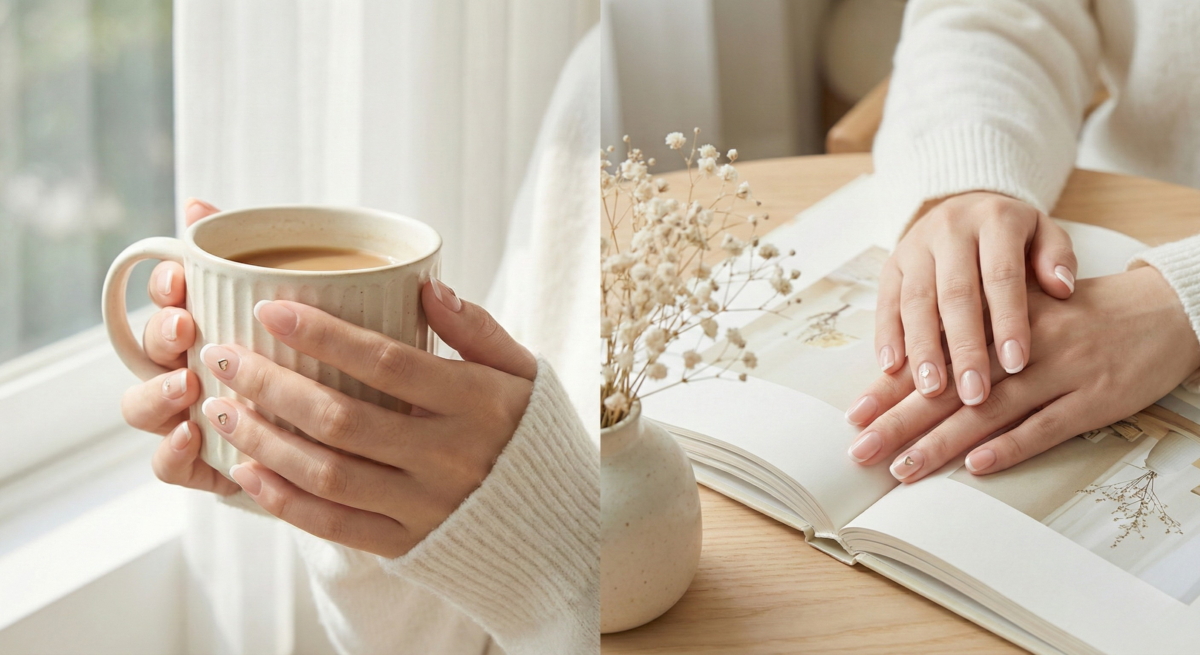 裸粉色搭配心形甲飾營造清新甜美感,顯白修長且耐看好打理,是低調高貴的氣質首選。