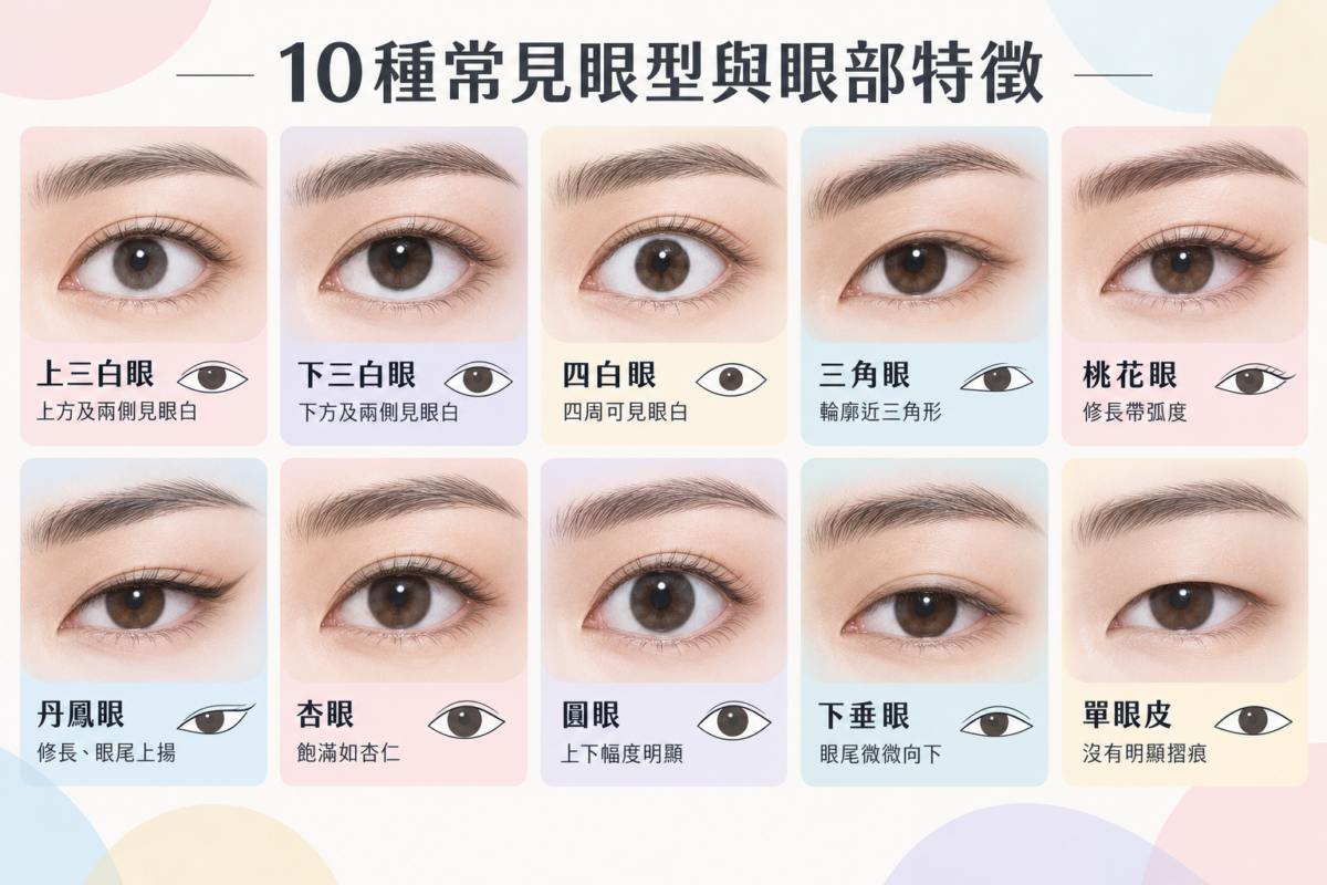 10種常見眼型外觀對照圖，包含上三白眼、下三白眼、桃花眼、杏眼與丹鳳眼等眼型輪廓與特徵解析。