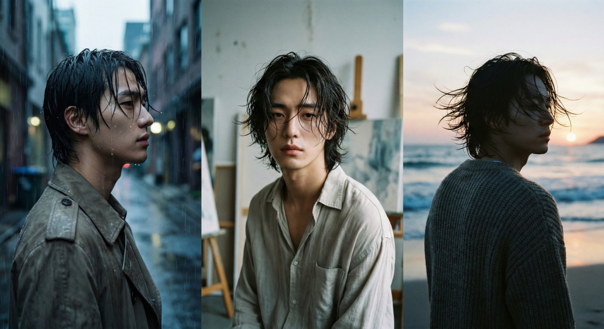 濕感中長髮以中分與自然濕潤質地打造低調又有氛圍的浪子系魅力，適合想展現成熟與神秘氣質的男生。