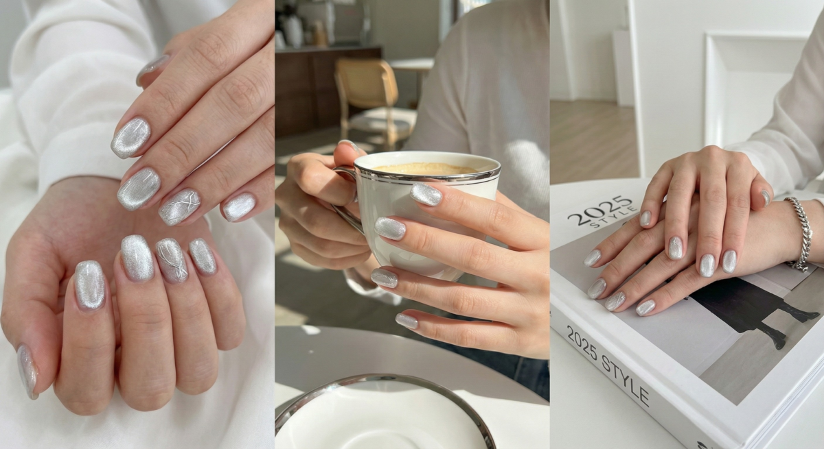 月光銀貓眼光療指甲以銀白磁粉打造清透光澤,簡約精緻,日常與正式場合都百搭。