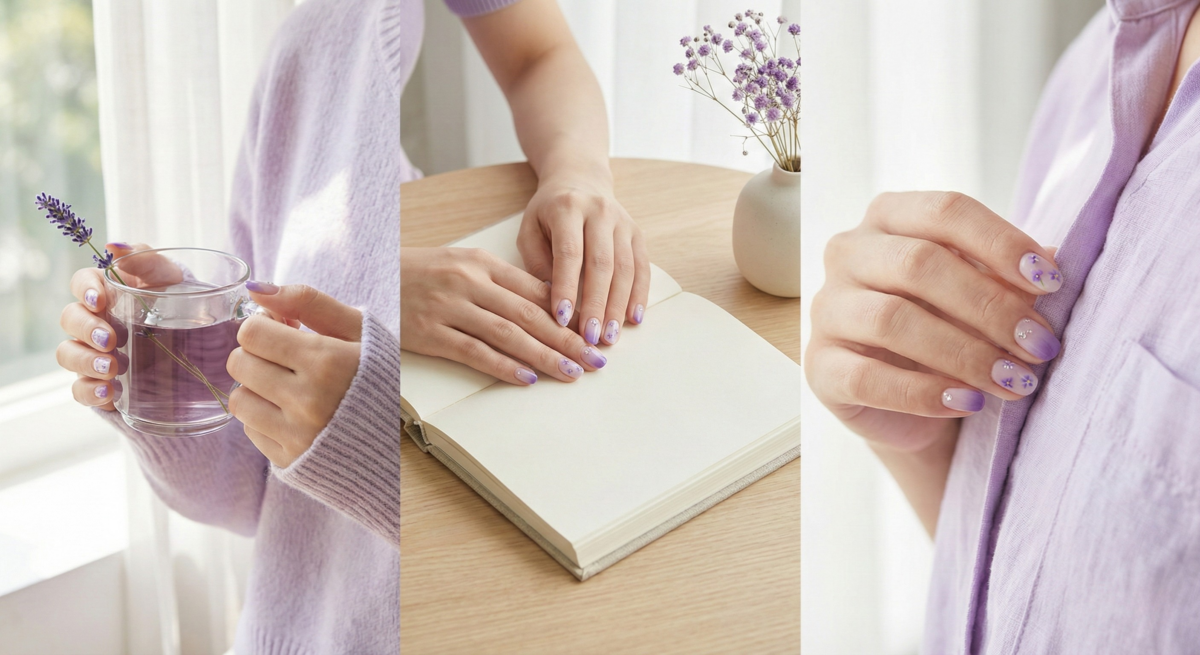 紫羅蘭漸層美甲以深淺紫色調營造春日花海般的浪漫夢幻感,搭配乾燥花或水晶裝飾,完美展現溫柔仙氣。