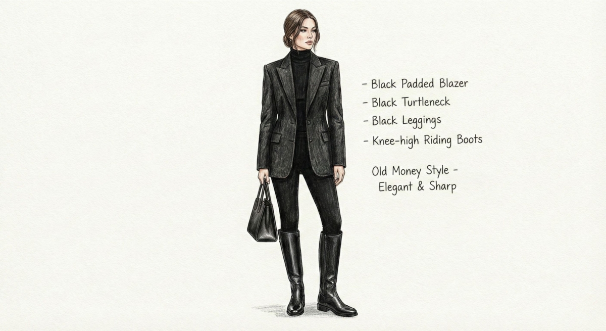 一張時尚插畫,展示了一位女性身穿全黑的「老錢風」穿搭。她穿著黑色墊肩西裝外套,內搭黑色高領上衣,下身是黑色緊身褲配上一雙及膝騎馬靴。整體造型優雅且俐落(Elegant & Sharp),展現低調奢華感。